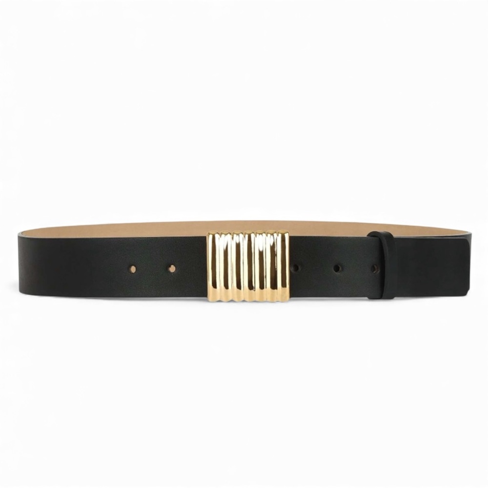 Heaven Mayhem Black Leather Belt Gold Bar Buckle Size Medium - Picture 7 of 8